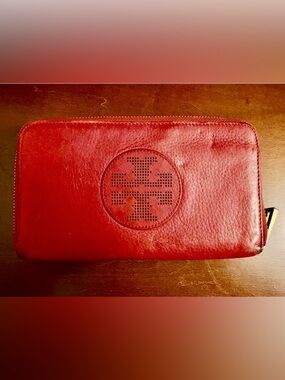 Red Tory Burch full size wallet. 4x8 with zipper. GUC.